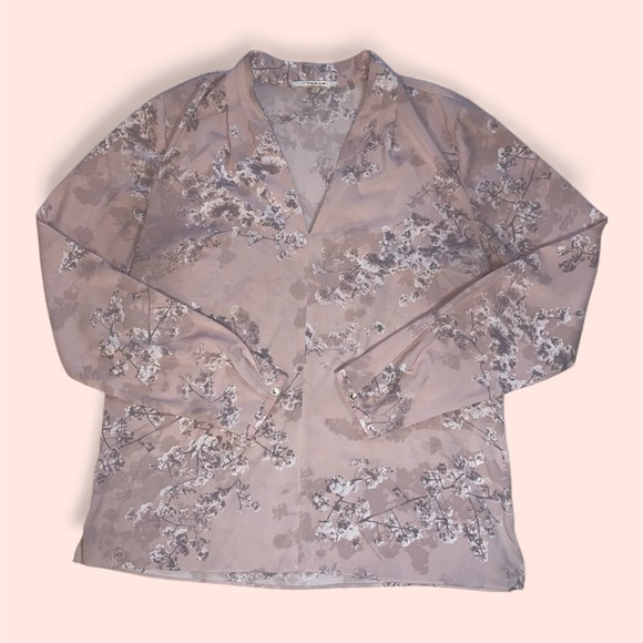 Tahari Tops - Tahari Dusty Rose/Mauve Pink Floral Long Sleeve V Neck Blouse